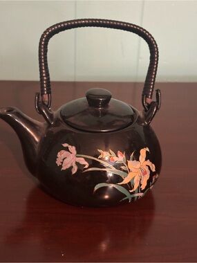 Unbranded Vintage Japanese Style Teapot Black Floral Design Yellow Pink Green